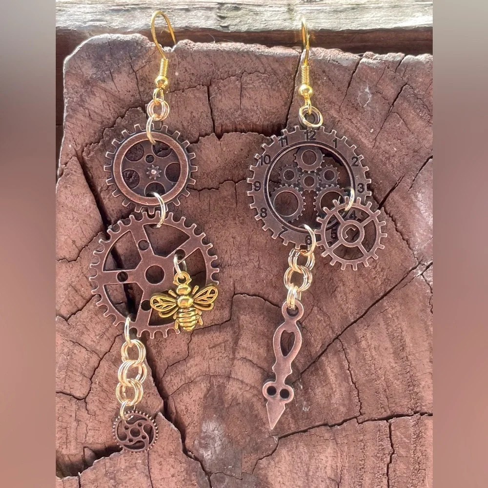 Steampunk Gear Earrings with Gold Accents - Picture 3 of 6